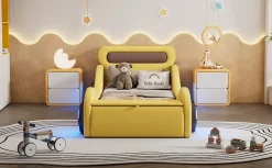 Lit Enfant 90x200cm, Forme Voiture, Roues Lumineuses, Rangement, Sans Matelas, Jaune