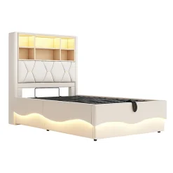 Lit enfant 90x200cm, LED app, USB, rangement hydraulique, lin beige