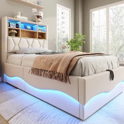 Lit enfant 90x200cm, LED app, USB, rangement hydraulique, lin beige