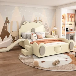Lit Enfant 140x200cm, Lit Carton avec Toboggan, Beige