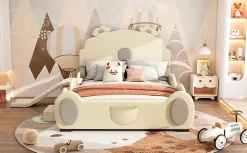 Lit Enfant 140x200cm, Lit Carton avec Toboggan, Beige