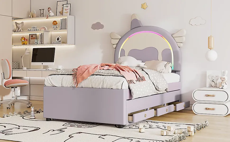 Lit Enfant 90x200cm, Lit Licorne avec Lit Escamotable, Violette