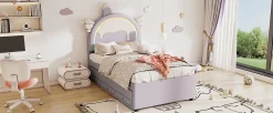 Lit Enfant 90x200cm, Lit Licorne avec Lit Escamotable, Violette