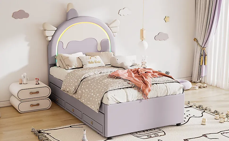 Lit Enfant 90x200cm, Lit Licorne avec Lit Escamotable, Violette