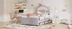 Lit Enfant 90x200cm, Lit Licorne avec Lit Escamotable, Violette