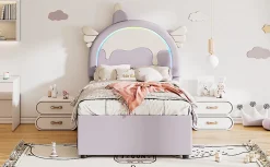 Lit Enfant 90x200cm, Lit Licorne avec Lit Escamotable, Violette
