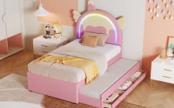 Lit Enfant 90x200cm, Lit Licorne avec Lit Escamotable, Rose