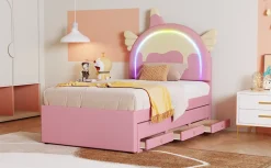 Lit Enfant 90x200cm, Lit Licorne avec Lit Escamotable, Rose