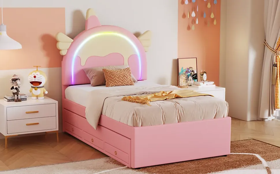 Lit Enfant 90x200cm, Lit Licorne avec Lit Escamotable, Rose