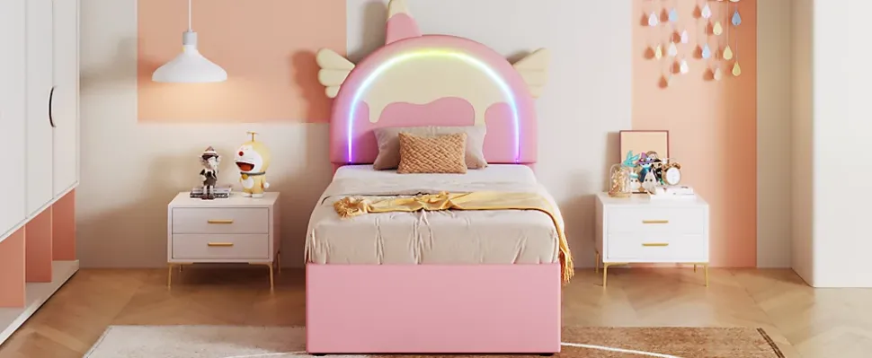 Lit Enfant 90x200cm, Lit Licorne avec Lit Escamotable, Rose