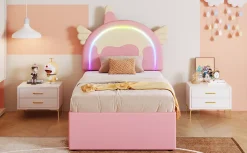 Lit Enfant 90x200cm, Lit Licorne avec Lit Escamotable, Rose