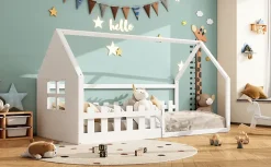 Lit Enfant 90x200cm, Maison avec Rampe, Blanc
