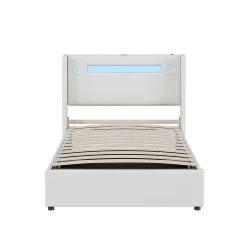 Lit enfant, 90x200cm, PU, LED, USB, Bluetooth, coffre, sommier, beige