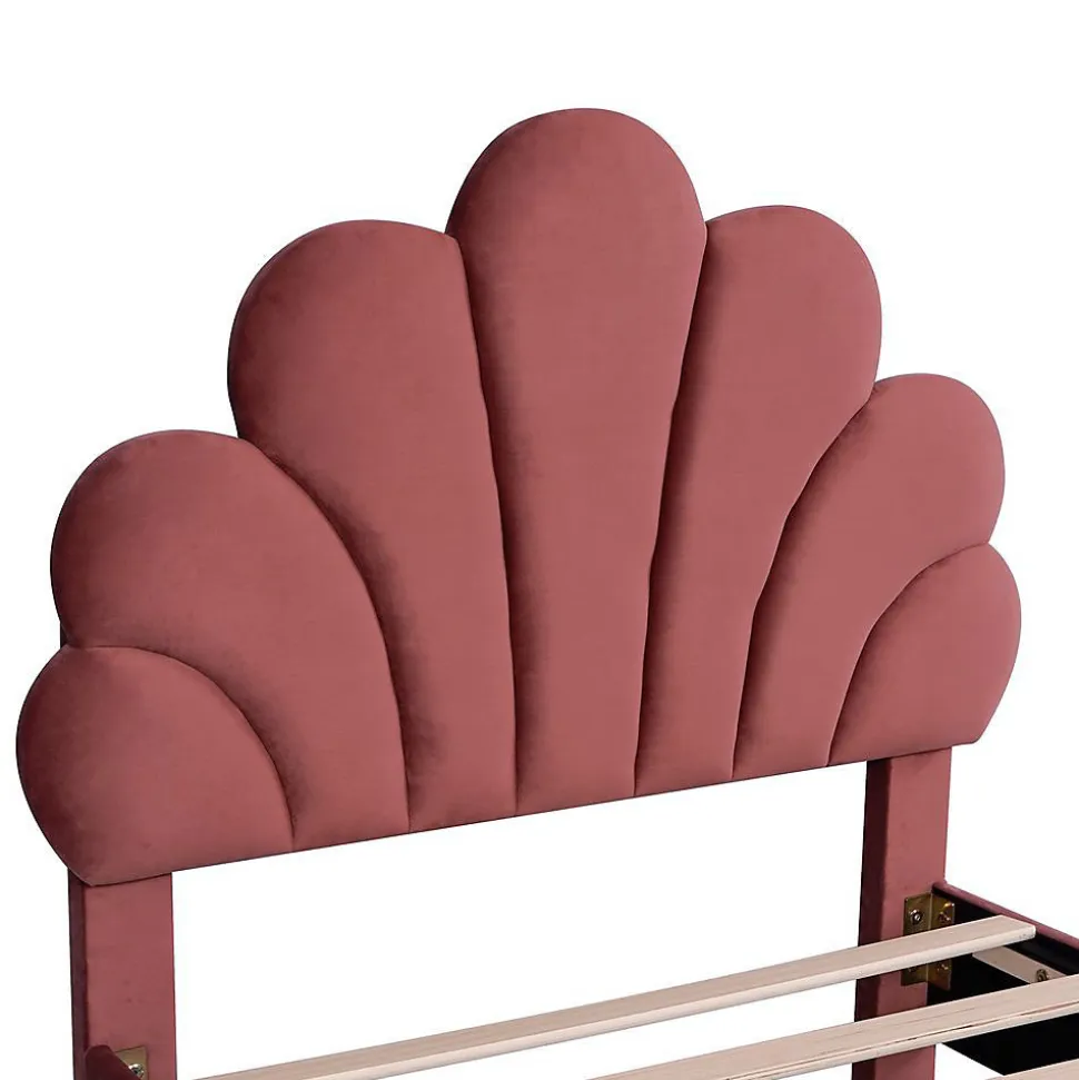 Lit Enfant 90x200cm Tête Fleurs Velours Rouge Haricot Blackcolors