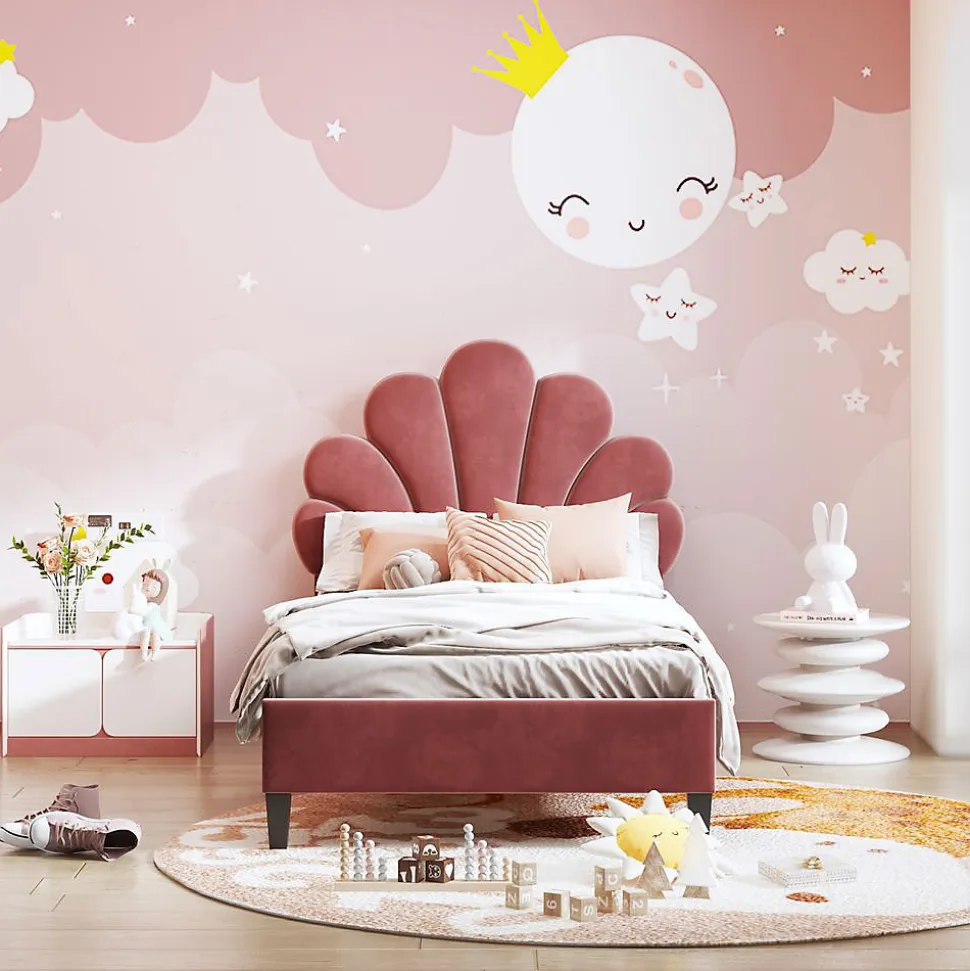 Lit Enfant 90x200cm Tête Fleurs Velours Rouge Haricot Blackcolors