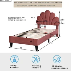 Lit Enfant 90x200cm Tête Fleurs Velours Rouge Haricot Blackcolors