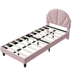 Lit enfant/Lit capitonné 90 x 190 cm avec sommier à lattes, tête de lit et dossier réglables, velours, sans matelas, Rose