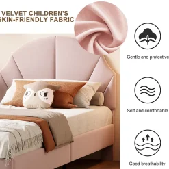 Lit enfant/Lit capitonné 90 x 190 cm avec sommier à lattes, tête de lit et dossier réglables, velours, sans matelas, Rose