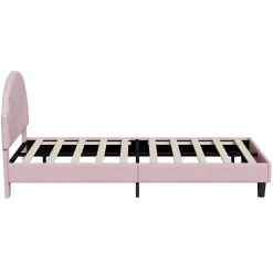 Lit enfant/Lit capitonné 90 x 190 cm avec sommier à lattes, tête de lit et dossier réglables, velours, sans matelas, Rose