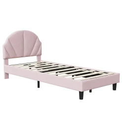 Lit enfant/Lit capitonné 90 x 190 cm avec sommier à lattes, tête de lit et dossier réglables, velours, sans matelas, Rose