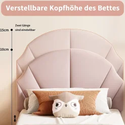 Lit enfant/Lit capitonné 90 x 190 cm avec sommier à lattes, tête de lit et dossier réglables, velours, sans matelas, Rose