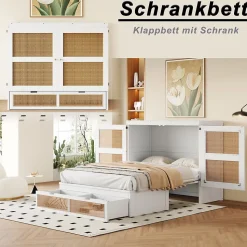 Lit Escamotable 140x200 cm - Lit Mural Vertical avec 2 Tiroirs de Rangement, Structure Bois de Pin et MDF, Sans Matelas, Blanc