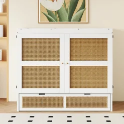 Lit Escamotable 140x200 cm - Lit Mural Vertical avec 2 Tiroirs de Rangement, Structure Bois de Pin et MDF, Sans Matelas, Blanc