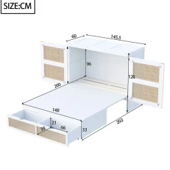 Lit Escamotable 140x200 cm - Lit Mural Vertical avec 2 Tiroirs de Rangement, Structure Bois de Pin et MDF, Sans Matelas, Blanc
