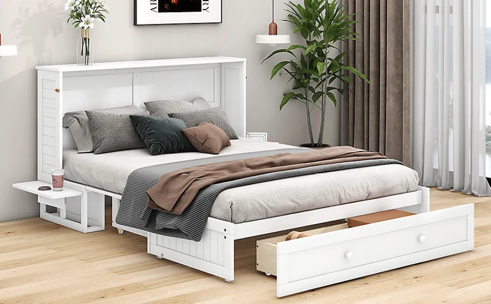 Lit Escamotable 140x200cm, Avec Tiroirs, Petit Étagère, Transformable, Blanc