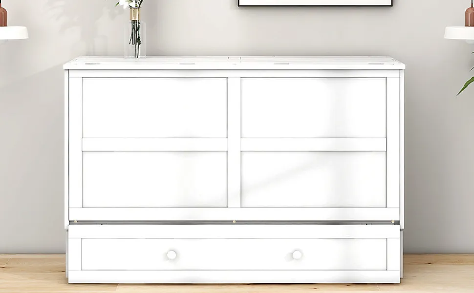 Lit Escamotable 140x200cm, Avec Tiroirs, Petit Étagère, Transformable, Blanc