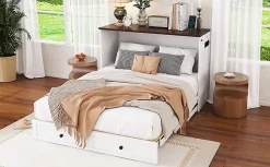 Lit Escamotable 140x200cm, Tiroirs, USB, Plateforme, Sans Matelas, Blanc