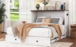 Lit Escamotable 140x200cm, Tiroirs, USB, Plateforme, Sans Matelas, Blanc