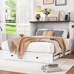 Lit Escamotable 140x200cm, Tiroirs, USB, Plateforme, Sans Matelas, Blanc