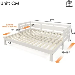 Lit extensible 90x190cm, lit de jour avec 2 places de couchage et cadre roulant, lit en forme de coeur, pin massif, blanc