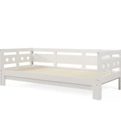 Lit extensible 90x190cm, lit de jour avec 2 places de couchage et cadre roulant, lit en forme de coeur, pin massif, blanc