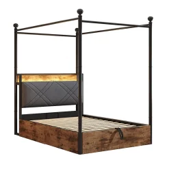 Lit fer forgé 90x190 cm, rangement hydraulique, baldaquin, LED/USB - noir