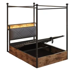 Lit fer forgé 90x190 cm, rangement hydraulique, baldaquin, LED/USB - noir