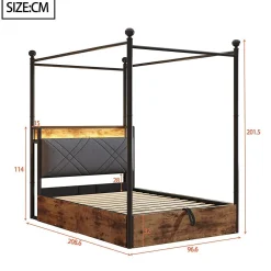 Lit fer forgé 90x190 cm, rangement hydraulique, baldaquin, LED/USB - noir