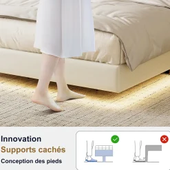 Lit Flottant 140x190 Cm Avec Éclairage LED Et Chargement USB, Rangement Caché, Blanc