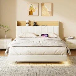 Lit Flottant 140x190 Cm Avec Éclairage LED Et Chargement USB, Rangement Caché, Blanc