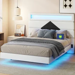 Lit flottant 140x190 cm avec LED, 2 ports USB, cadre avec sommier à lattes, tête de lit, pour 2 personnes, blanc et noir