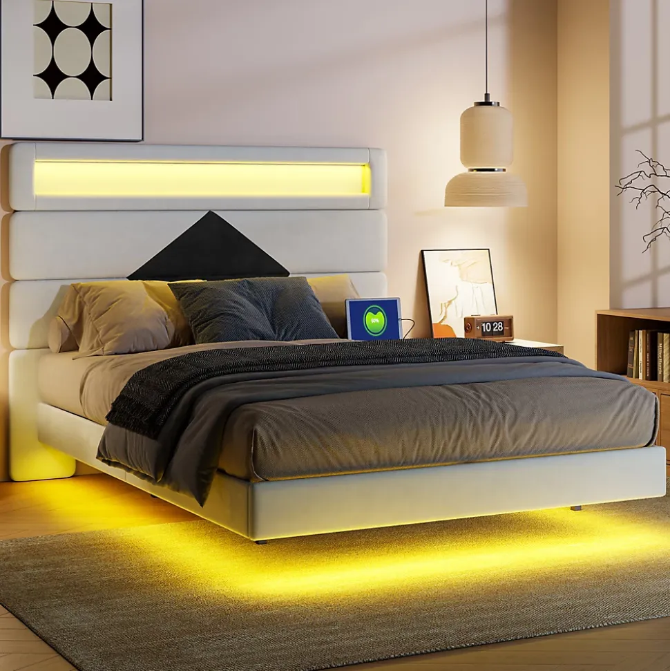 Lit flottant 140x190 cm avec LED, 2 ports USB, cadre avec sommier à lattes, tête de lit, pour 2 personnes, blanc et noir
