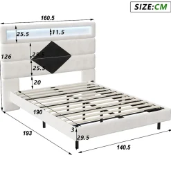 Lit flottant 140x190 cm avec LED, 2 ports USB, cadre avec sommier à lattes, tête de lit, pour 2 personnes, blanc et noir