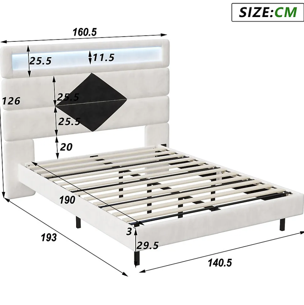 Lit flottant 140x190 cm avec LED, 2 ports USB, cadre avec sommier à lattes, tête de lit, pour 2 personnes, blanc et noir