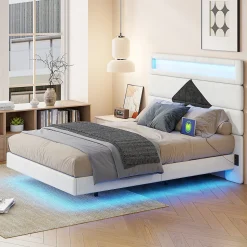 Lit flottant 140x190 cm avec LED et 2 ports USB, cadre avec sommier à lattes, tête de lit incluse, design blanc et noir