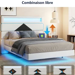 Lit flottant 140x190 cm avec LED et 2 ports USB, cadre avec sommier à lattes, tête de lit incluse, design blanc et noir