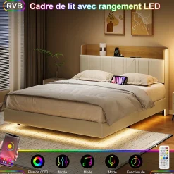 Lit flottant 140x200 cm blanc PU + bois clair, rangement tiroir, éclairage LED sous lit, double port USB, poche latérale