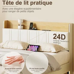 Lit flottant 140x200 cm blanc PU + bois clair, rangement tiroir, éclairage LED sous lit, double port USB, poche latérale