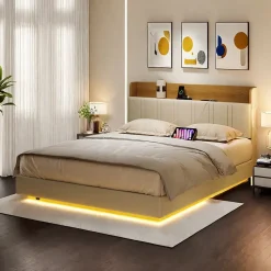 Lit flottant 140x200 cm blanc PU + bois clair, rangement tiroir, éclairage LED sous lit, double port USB, poche latérale