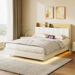 Lit flottant 140x200 cm blanc PU + bois clair, rangement tiroir, éclairage LED sous lit, double port USB, poche latérale